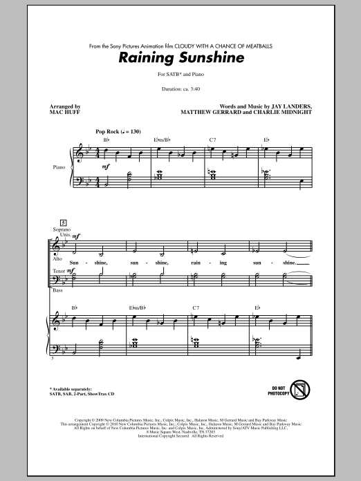Mac Huff Raining Sunshine (from Cloudy With A Chance Of Meatballs) Sheet Music Notes & Chords for SAB - Download or Print PDF