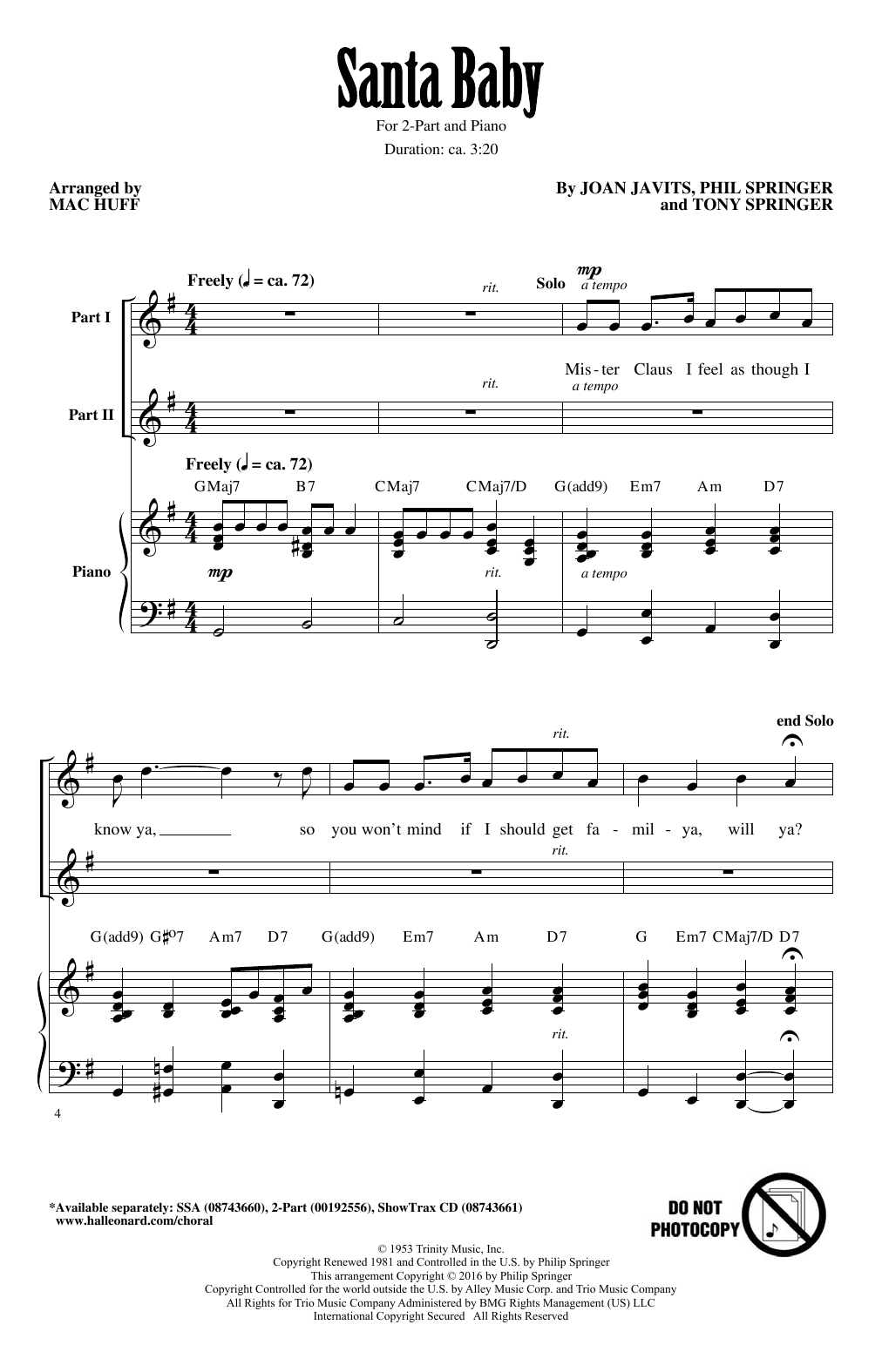 Mac Huff Santa Baby Sheet Music Notes & Chords for 2-Part Choir - Download or Print PDF