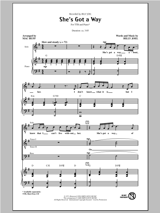 Billy Joel She's Got A Way (arr. Mac Huff) Sheet Music Notes & Chords for TTBB - Download or Print PDF