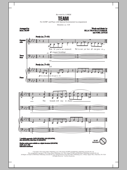 Mac Huff Team Sheet Music Notes & Chords for SAB - Download or Print PDF
