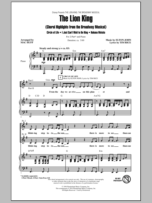 Mac Huff The Lion King (Broadway Musical Highlights) Sheet Music Notes & Chords for 3-Part Mixed - Download or Print PDF