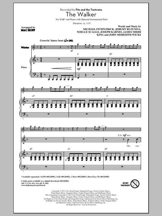 Fitz And The Tantrums The Walker (arr. Mac Huff) Sheet Music Notes & Chords for SAB - Download or Print PDF