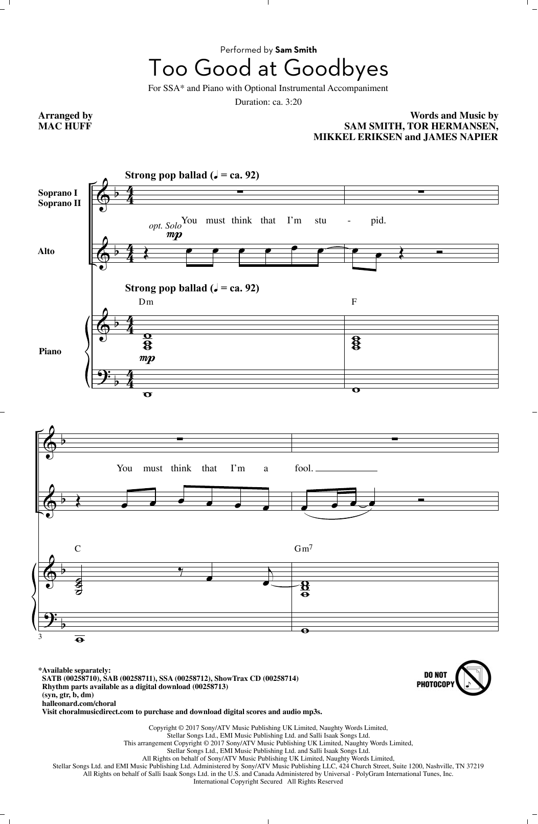 Mac Huff Too Good At Goodbyes Sheet Music Notes & Chords for SSA - Download or Print PDF