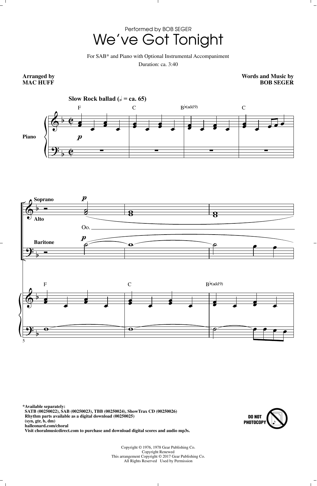 Mac Huff We've Got Tonight Sheet Music Notes & Chords for SAB - Download or Print PDF