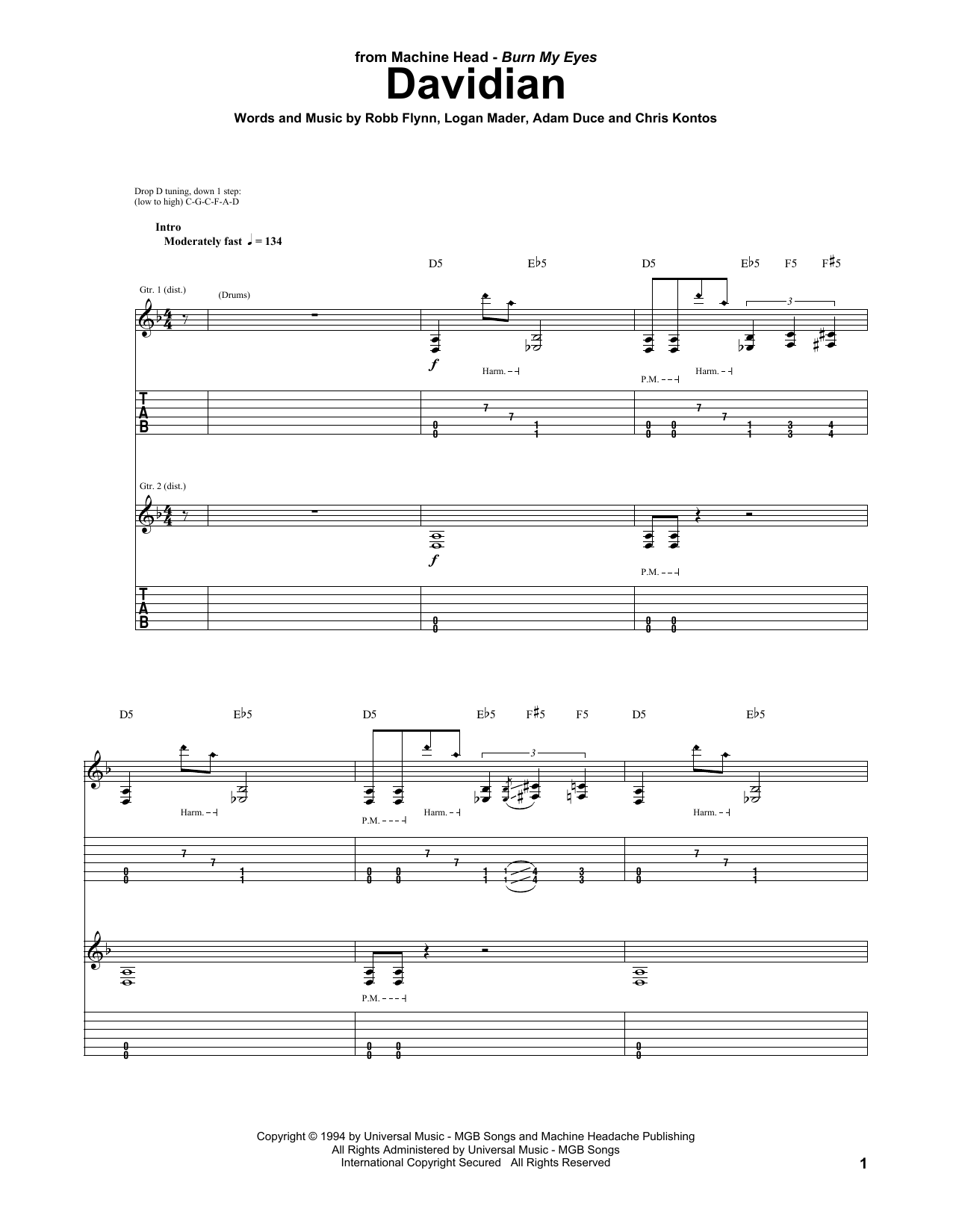 Machine Head Davidian Sheet Music Notes & Chords for Guitar Tab - Download or Print PDF
