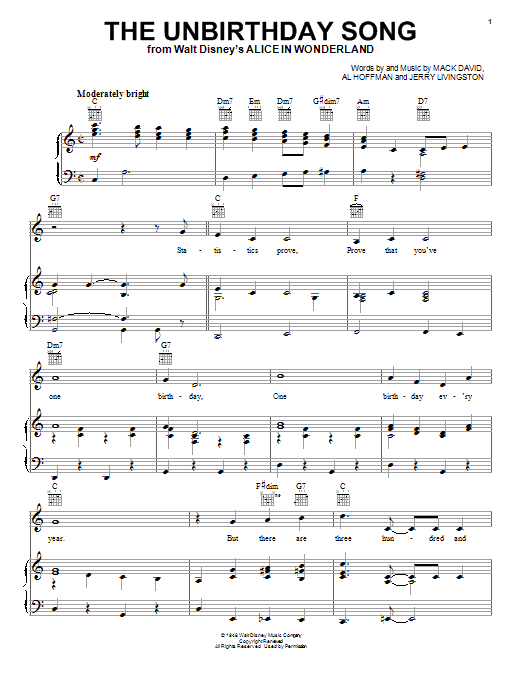 Mack David, Al Hoffman and Jerry Livingston The Unbirthday Song (from Disney's Alice In Wonderland) Sheet Music Notes & Chords for Violin - Download or Print PDF