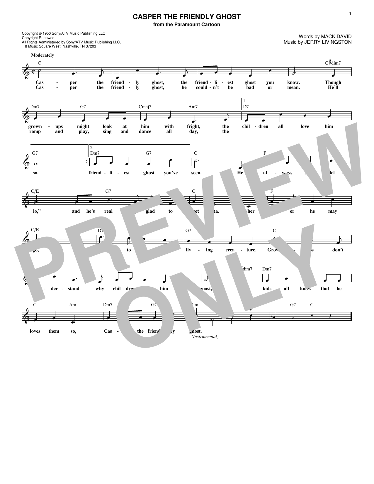 Mack David Casper The Friendly Ghost Sheet Music Notes & Chords for Melody Line, Lyrics & Chords - Download or Print PDF