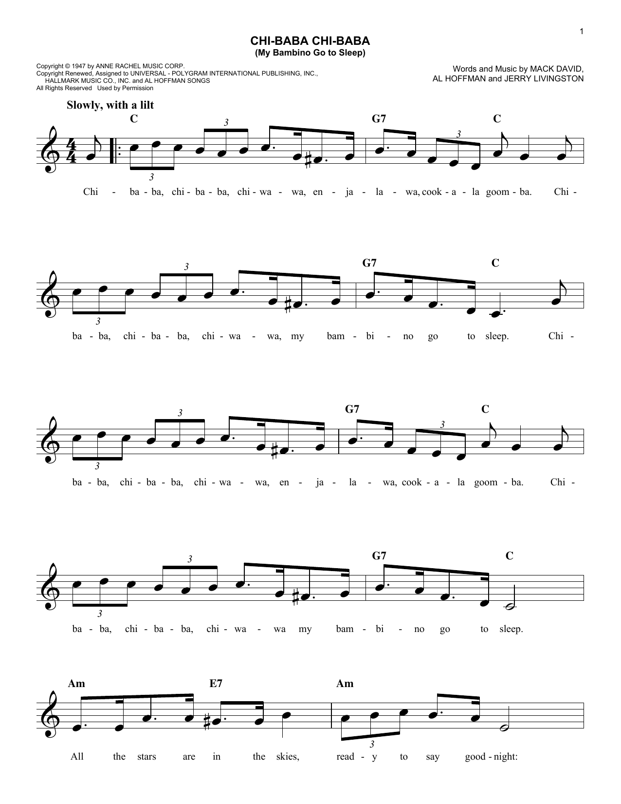 Mack David Chi-Baba Chi-Baba (My Bambino Go To Sleep) Sheet Music Notes & Chords for Melody Line, Lyrics & Chords - Download or Print PDF