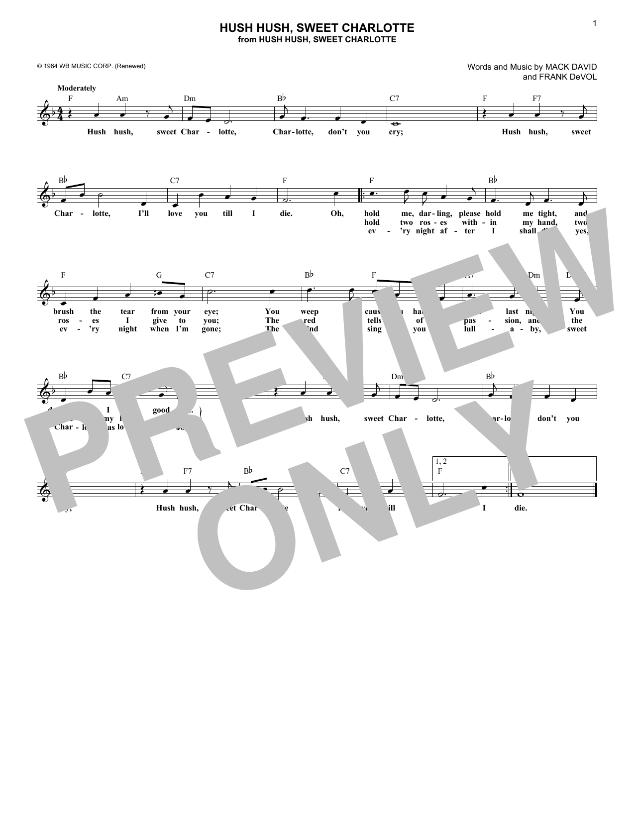 Mack David Hush, Hush Sweet Charlotte Sheet Music Notes & Chords for Melody Line, Lyrics & Chords - Download or Print PDF