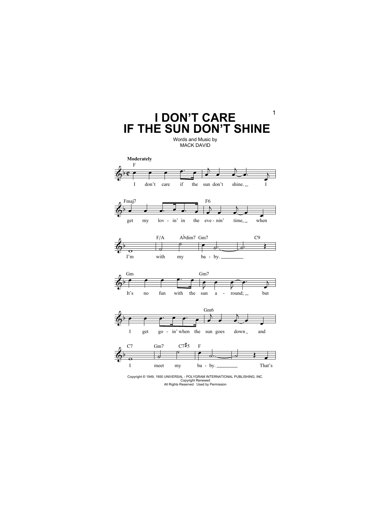 Mack David I Don't Care If The Sun Don't Shine Sheet Music Notes & Chords for Melody Line, Lyrics & Chords - Download or Print PDF
