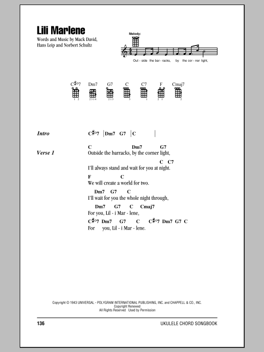 Mack David Lili Marlene Sheet Music Notes & Chords for Ukulele with strumming patterns - Download or Print PDF