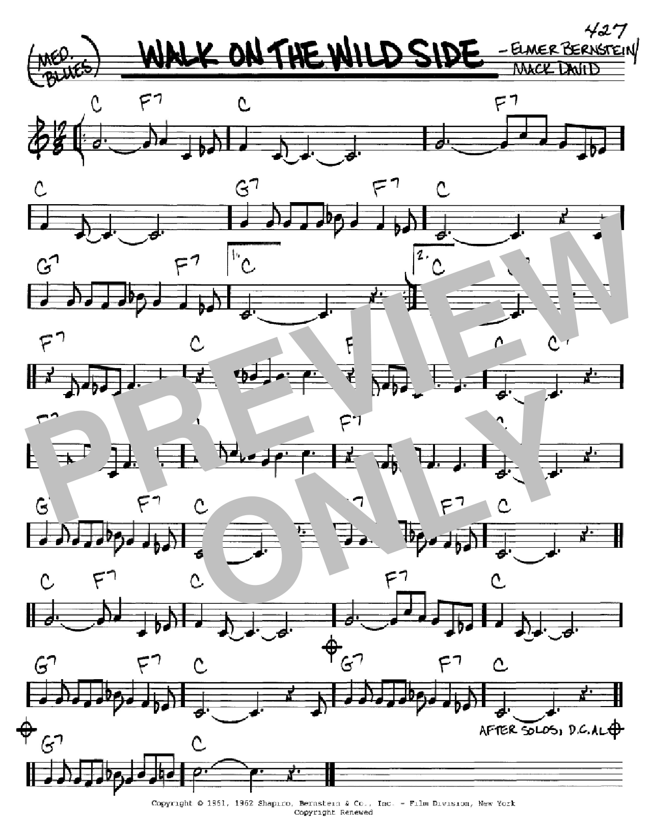 Mack David Walk On The Wild Side Sheet Music Notes & Chords for Real Book - Melody & Chords - C Instruments - Download or Print PDF