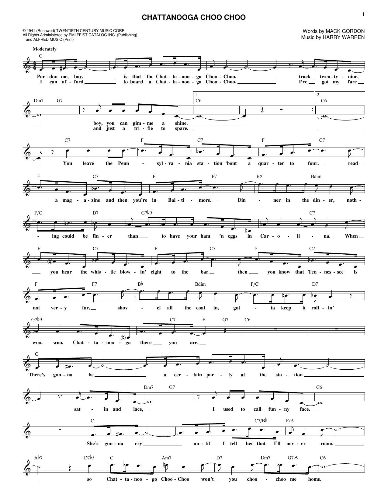 Mack Gordon Chattanooga Choo Choo Sheet Music Notes & Chords for Melody Line, Lyrics & Chords - Download or Print PDF