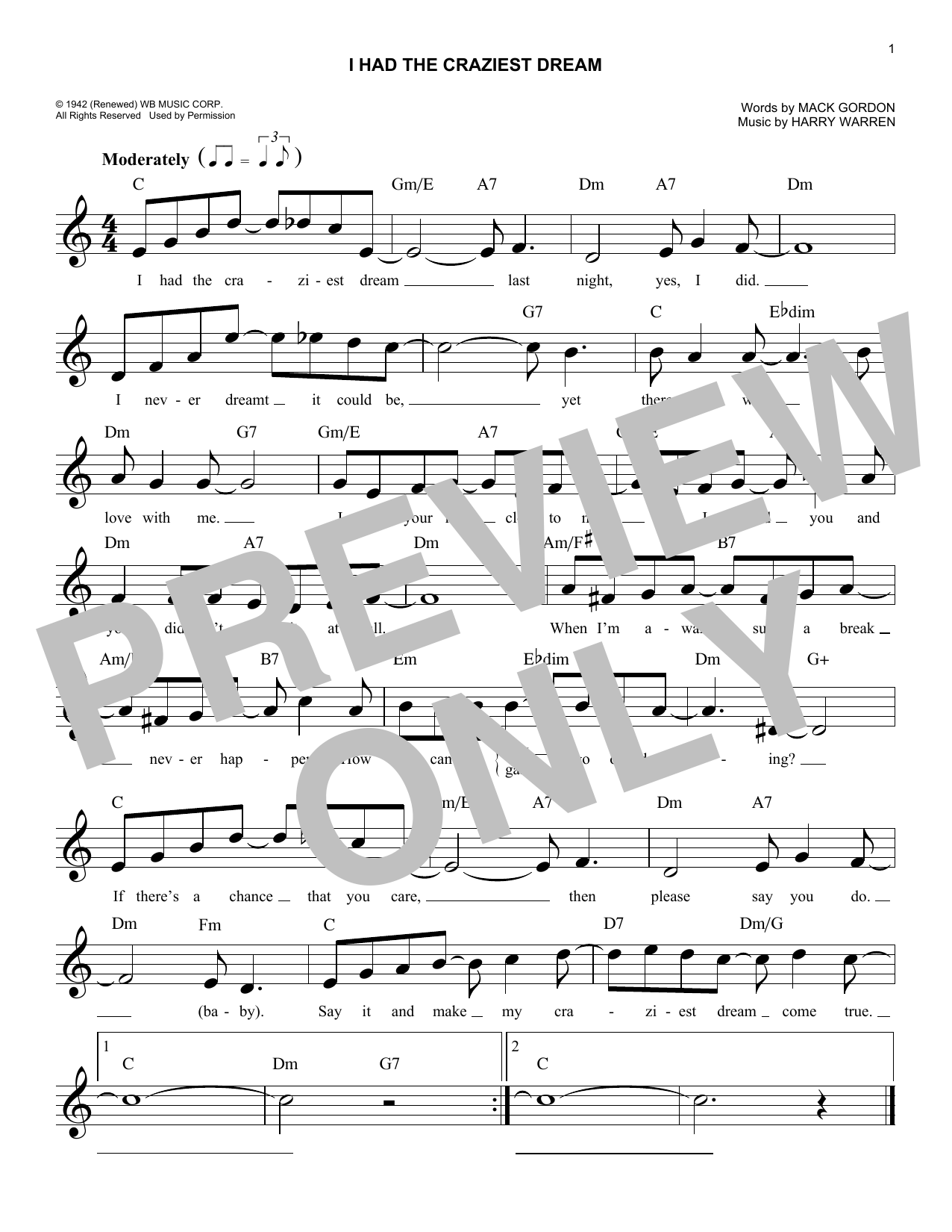 Mack Gordon I Had The Craziest Dream Sheet Music Notes & Chords for Melody Line, Lyrics & Chords - Download or Print PDF