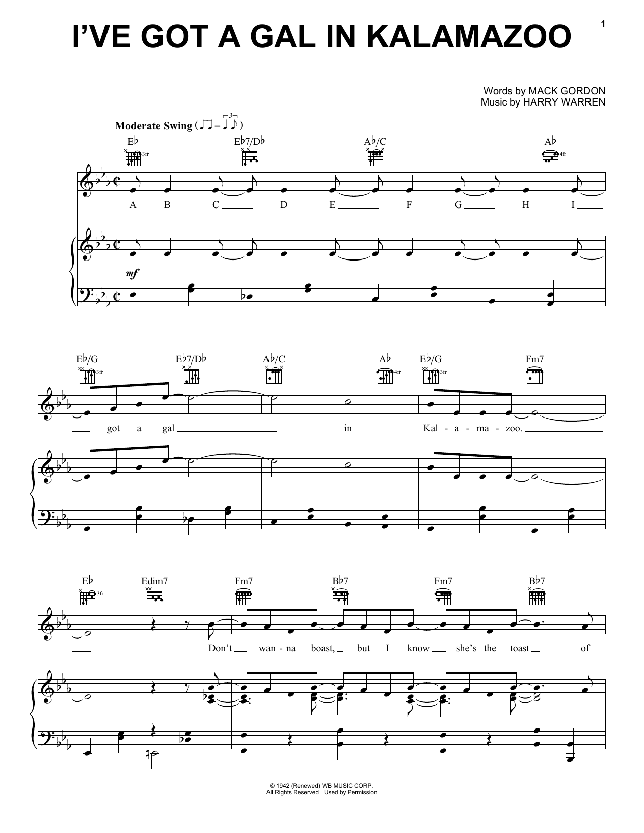 Mack Gordon I've Got A Gal In Kalamazoo Sheet Music Notes & Chords for Piano, Vocal & Guitar (Right-Hand Melody) - Download or Print PDF