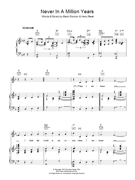 Mack Gordon Never In A Million Years Sheet Music Notes & Chords for Piano, Vocal & Guitar (Right-Hand Melody) - Download or Print PDF