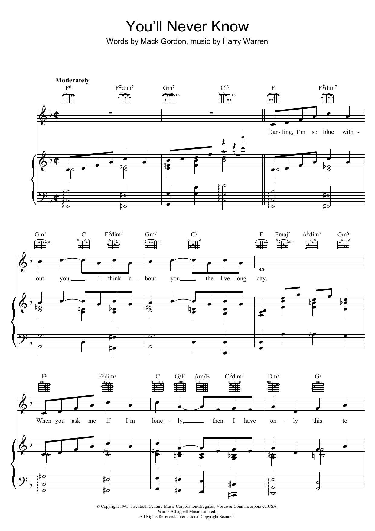Mack Gordon You'll Never Know Sheet Music Notes & Chords for Piano, Vocal & Guitar (Right-Hand Melody) - Download or Print PDF