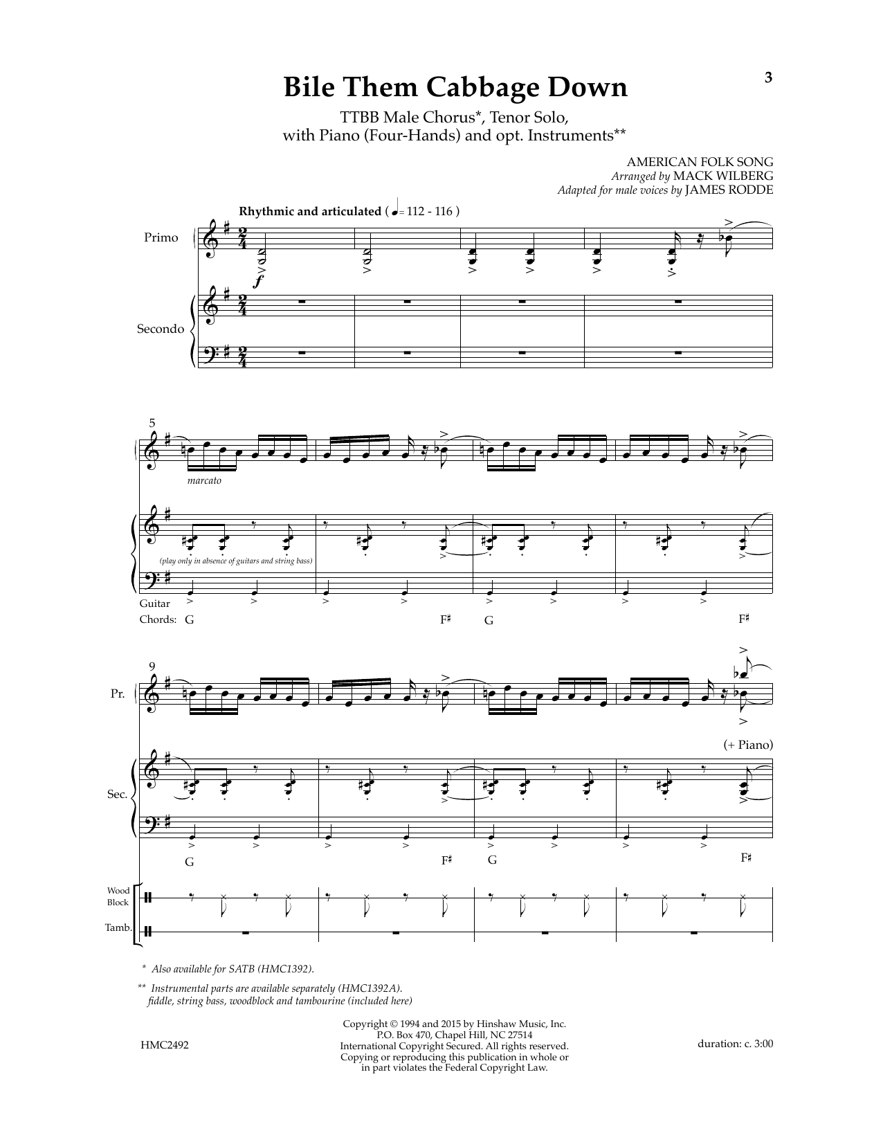 Mack Wilberg Bile Them Cabbage Down (adapt. James Rodde) Sheet Music Notes & Chords for TTBB Choir - Download or Print PDF