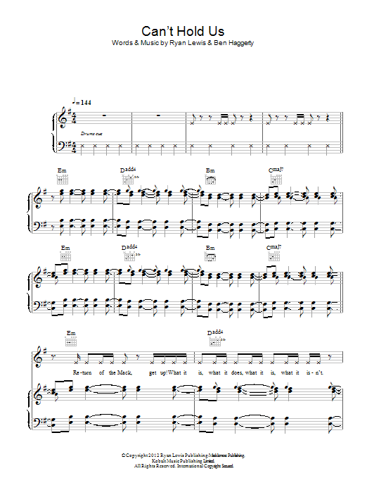 Macklemore and Ryan Lewis Can't Hold Us Sheet Music Notes & Chords for Piano, Vocal & Guitar (Right-Hand Melody) - Download or Print PDF