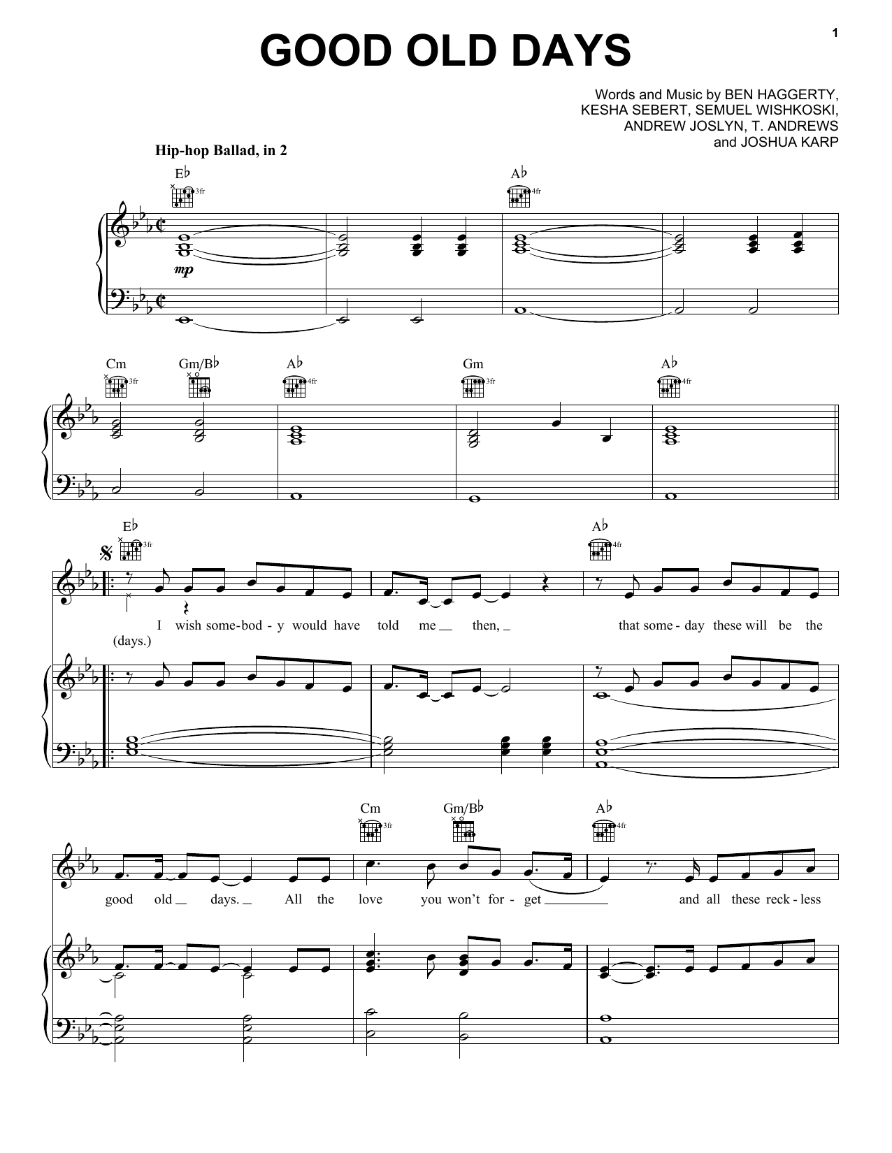 Macklemore feat. Kesha Good Old Days Sheet Music Notes & Chords for Piano, Vocal & Guitar (Right-Hand Melody) - Download or Print PDF