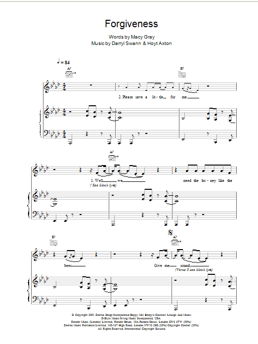 Macy Gray Forgiveness Sheet Music Notes & Chords for Piano, Vocal & Guitar - Download or Print PDF