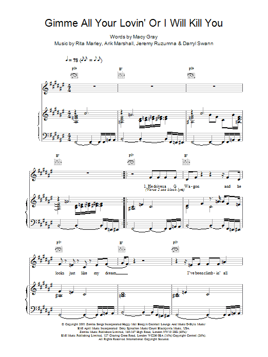 Macy Gray Gimme All Your Lovin' Or I Will Kill You Sheet Music Notes & Chords for Piano, Vocal & Guitar - Download or Print PDF