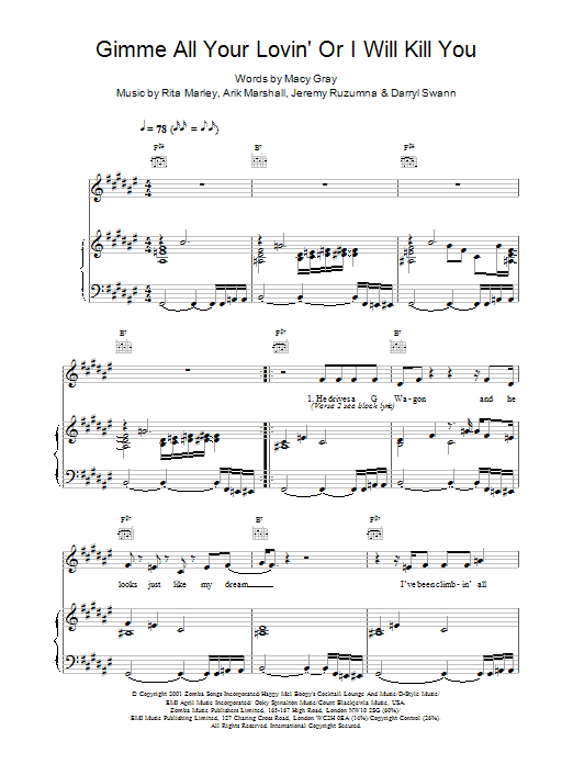 Macy Gray Gimme All Your Lovin' Or I Will Kill You sheet music notes and chords. Download Printable PDF.