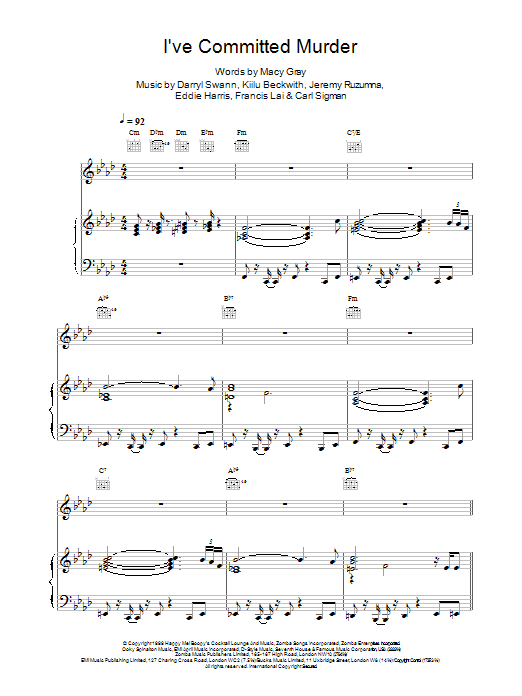 Macy Gray I've Committed Murder Sheet Music Notes & Chords for Piano, Vocal & Guitar - Download or Print PDF