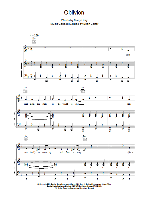 Macy Gray Oblivion Sheet Music Notes & Chords for Piano, Vocal & Guitar - Download or Print PDF