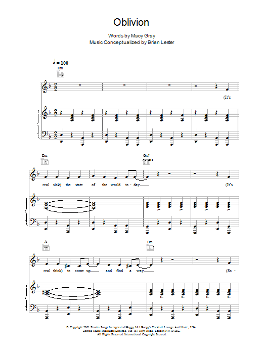 Macy Gray Oblivion sheet music notes and chords. Download Printable PDF.