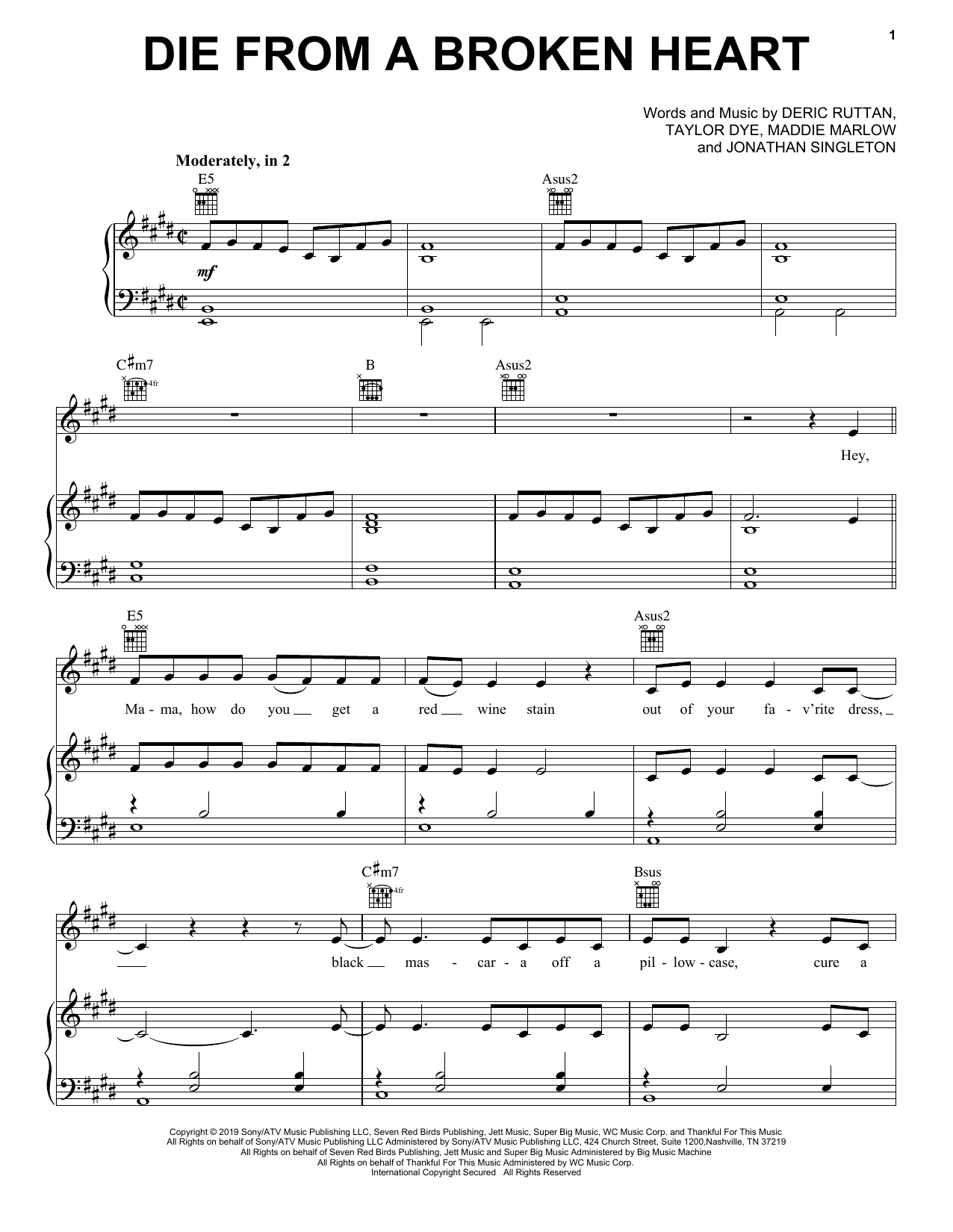 Maddie & Tae Die From A Broken Heart Sheet Music Notes & Chords for Piano, Vocal & Guitar (Right-Hand Melody) - Download or Print PDF