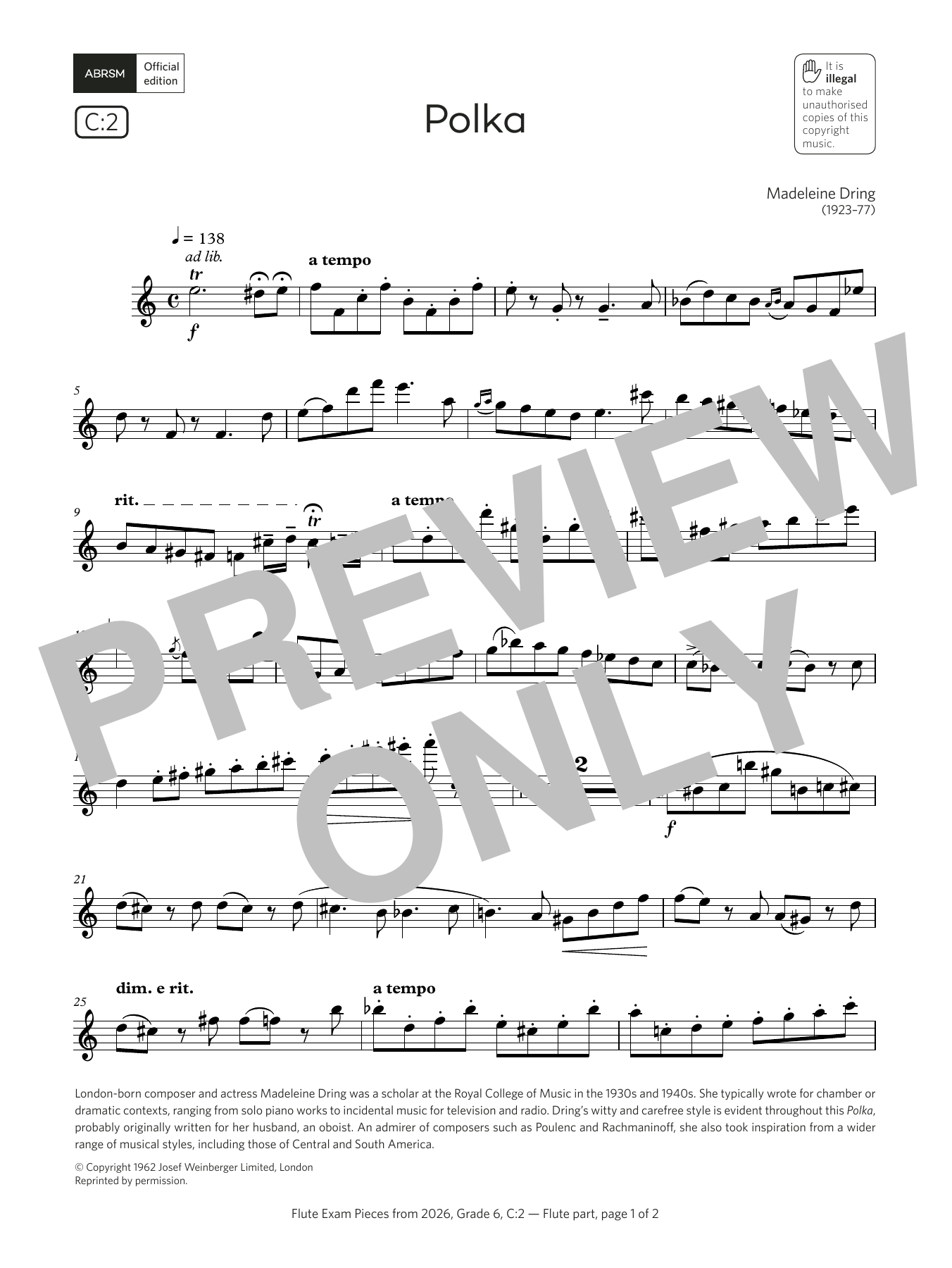 Madeleine Dring Polka (Grade 6, list C2, from the ABRSM Flute Syllabus from 2026) Sheet Music Notes & Chords for Flute Solo - Download or Print PDF Madeleine Dring Polka (Grade 6, list C2, from the ABRSM Flute Syllabus from 2026) Sheet Music Notes & Chords for Flute Solo - Download or Print PDF
