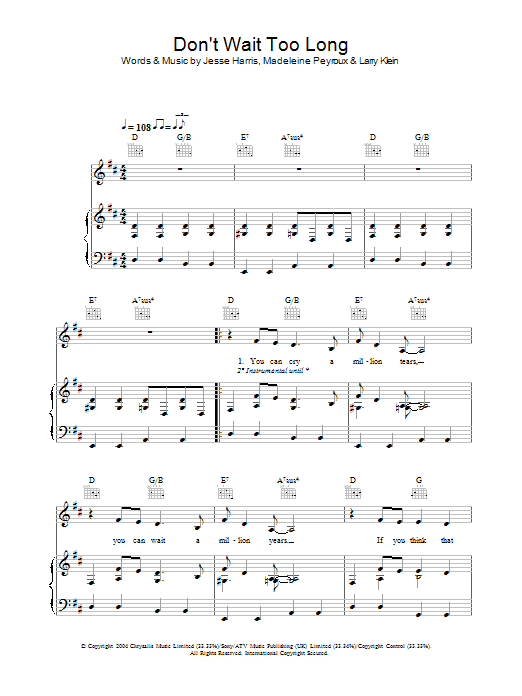 Madeleine Peyroux Don't Wait Too Long Sheet Music Notes & Chords for Piano, Vocal & Guitar (Right-Hand Melody) - Download or Print PDF