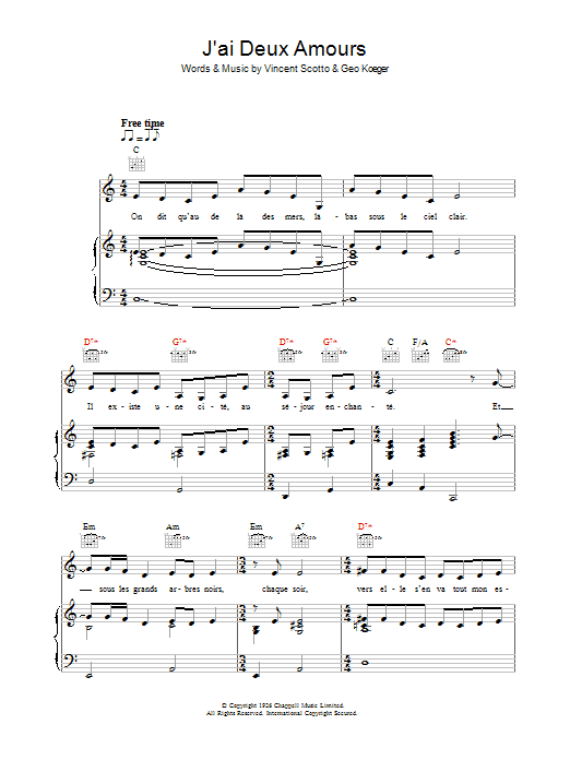 Madeleine Peyroux J'ai Deux Amours Sheet Music Notes & Chords for Piano, Vocal & Guitar (Right-Hand Melody) - Download or Print PDF