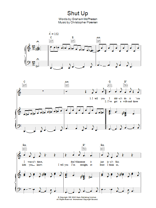Madness Shut Up Sheet Music Notes & Chords for Piano, Vocal & Guitar - Download or Print PDF