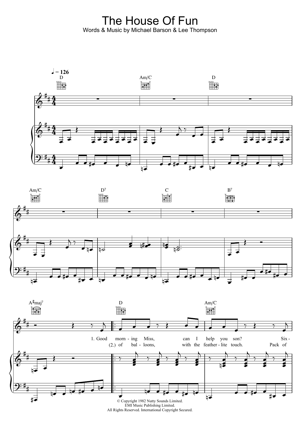 Madness The House Of Fun Sheet Music Notes & Chords for Piano, Vocal & Guitar - Download or Print PDF
