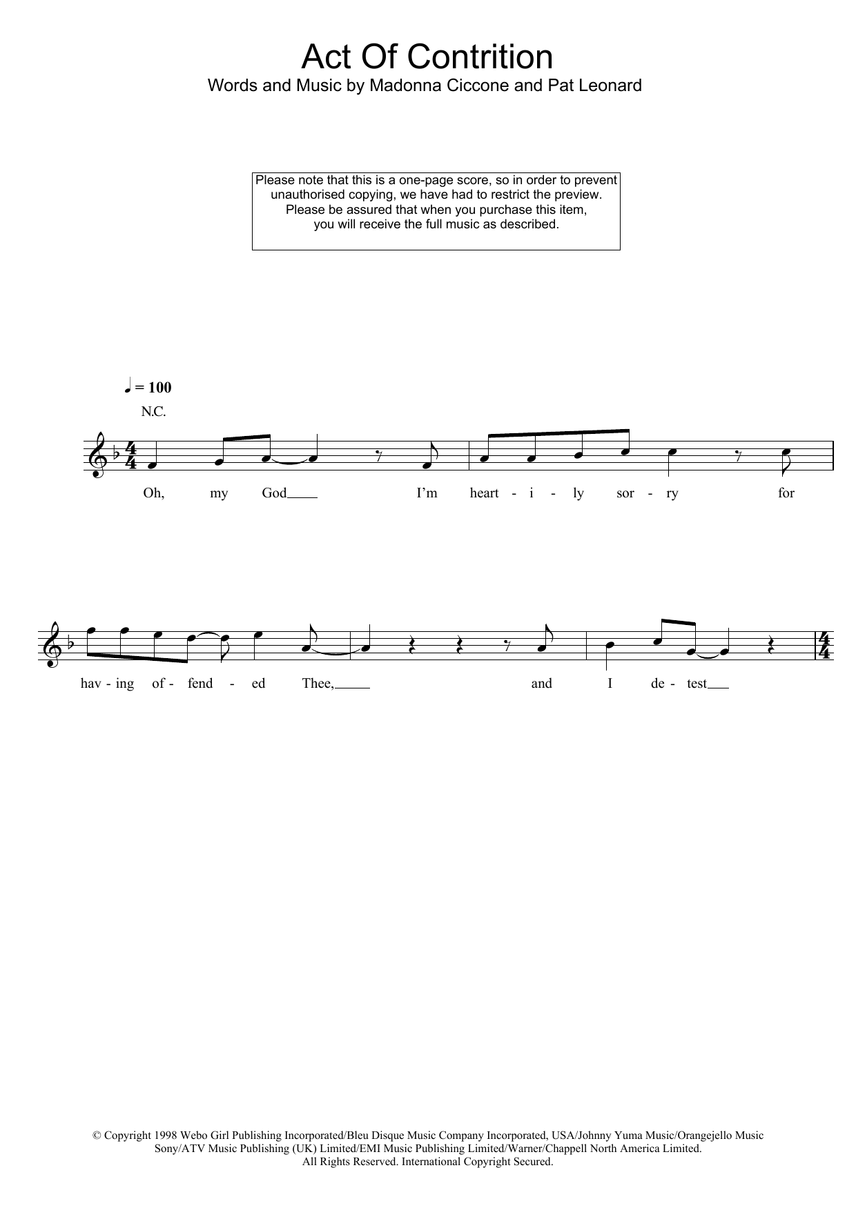 Madonna Act Of Contrition Sheet Music Notes & Chords for Melody Line, Lyrics & Chords - Download or Print PDF