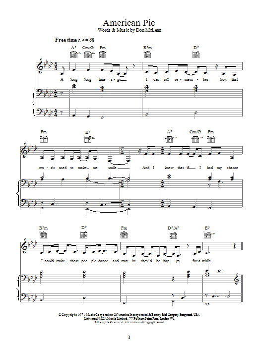 Madonna American Pie Sheet Music Notes & Chords for Piano, Vocal & Guitar (Right-Hand Melody) - Download or Print PDF