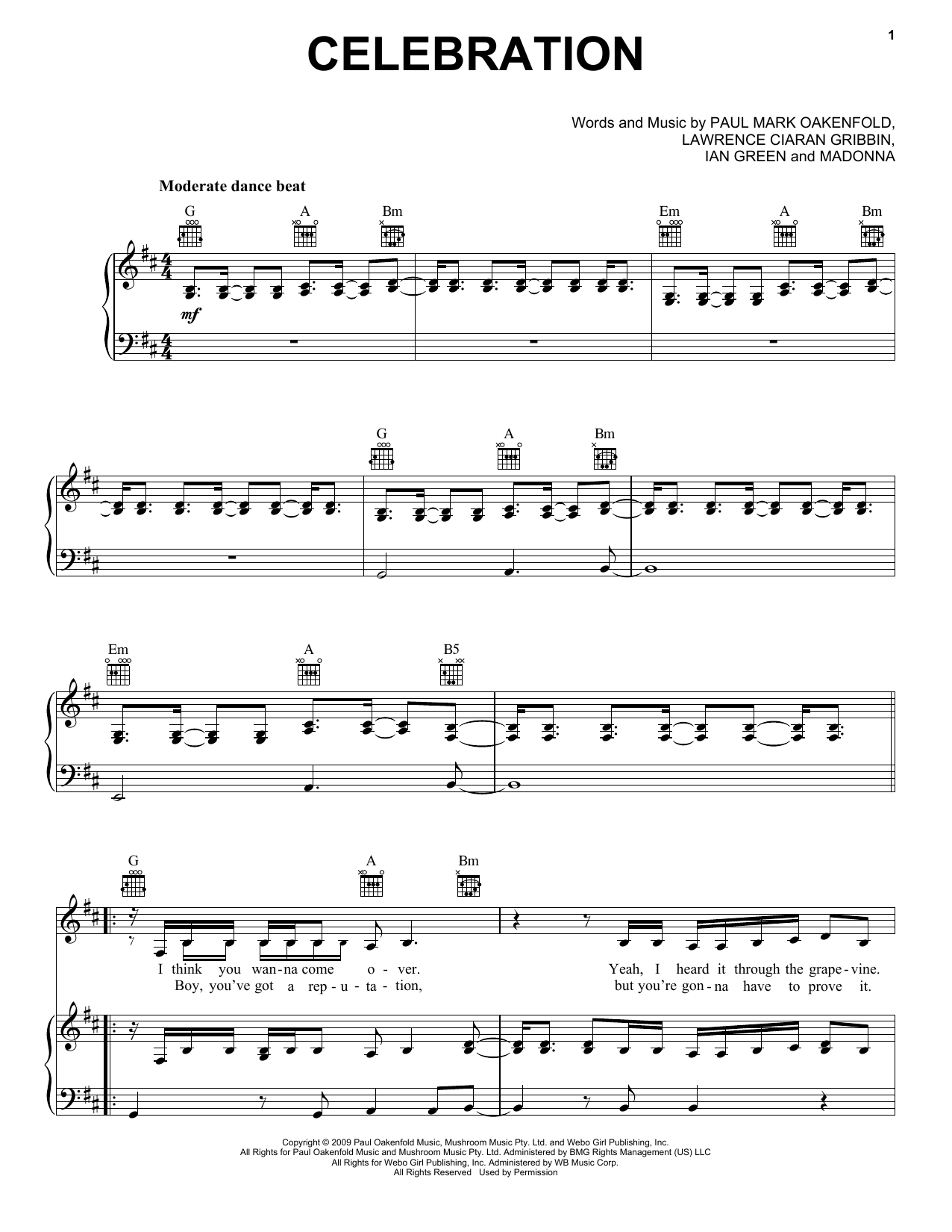 Madonna Celebration Sheet Music Notes & Chords for Piano, Vocal & Guitar (Right-Hand Melody) - Download or Print PDF