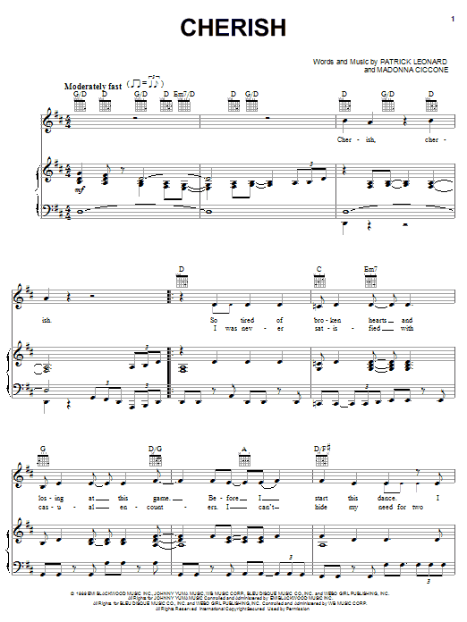 Madonna Cherish Sheet Music Notes & Chords for Piano, Vocal & Guitar (Right-Hand Melody) - Download or Print PDF