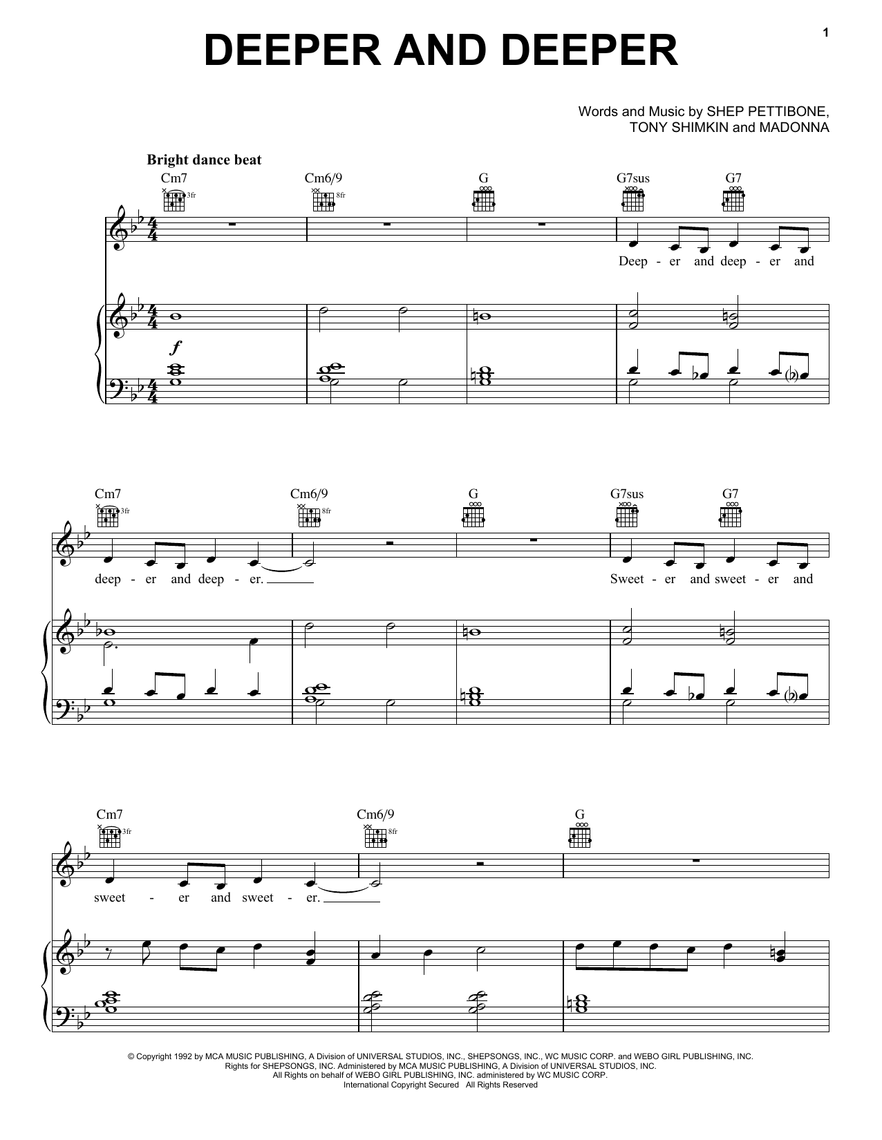 Madonna Deeper And Deeper Sheet Music Notes & Chords for Piano, Vocal & Guitar Chords (Right-Hand Melody) - Download or Print PDF