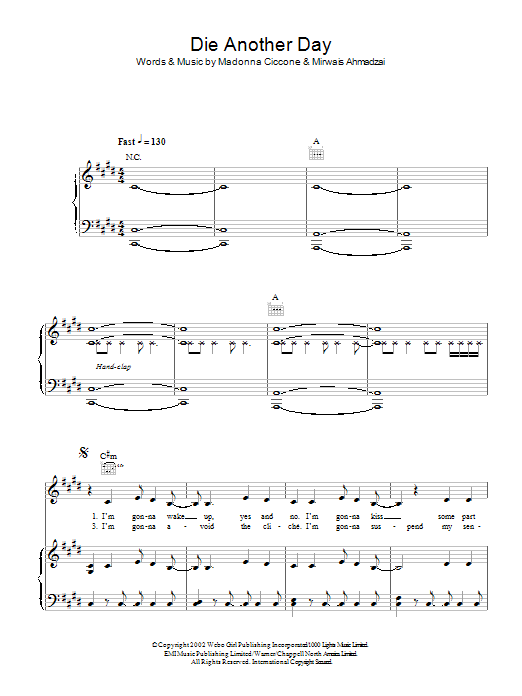 Madonna Die Another Day Sheet Music Notes & Chords for Piano, Vocal & Guitar (Right-Hand Melody) - Download or Print PDF
