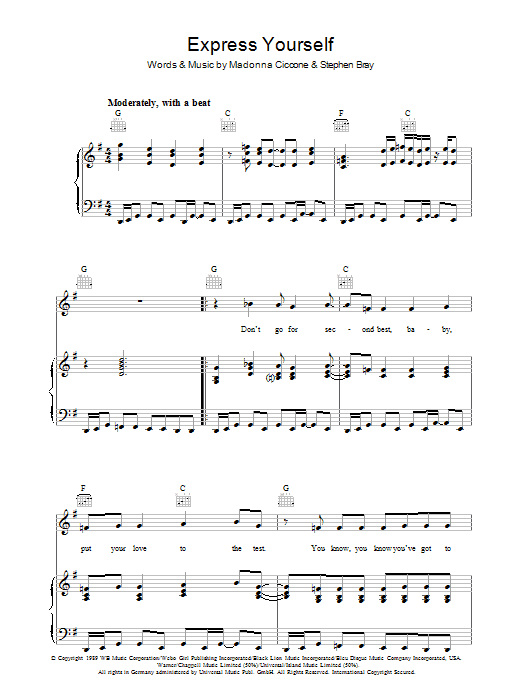 Madonna Express Yourself Sheet Music Notes & Chords for Piano, Vocal & Guitar (Right-Hand Melody) - Download or Print PDF