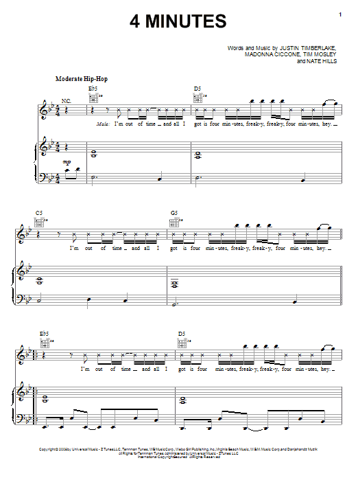 Madonna featuring Justin Timberlake 4 Minutes Sheet Music Notes & Chords for Piano, Vocal & Guitar (Right-Hand Melody) - Download or Print PDF