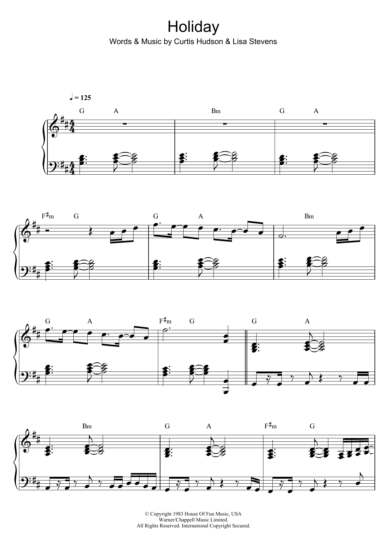 Madonna Holiday Sheet Music Notes & Chords for Piano, Vocal & Guitar - Download or Print PDF