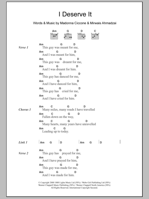 Madonna I Deserve It Sheet Music Notes & Chords for Lyrics & Chords - Download or Print PDF