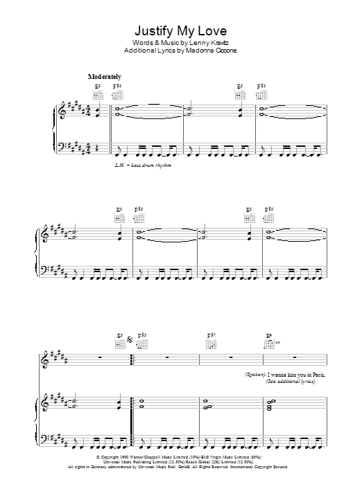 Madonna Justify My Love Sheet Music Notes & Chords for Piano, Vocal & Guitar (Right-Hand Melody) - Download or Print PDF