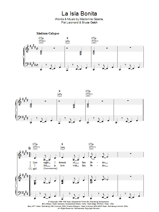 Madonna La Isla Bonita Sheet Music Notes & Chords for Piano, Vocal & Guitar (Right-Hand Melody) - Download or Print PDF