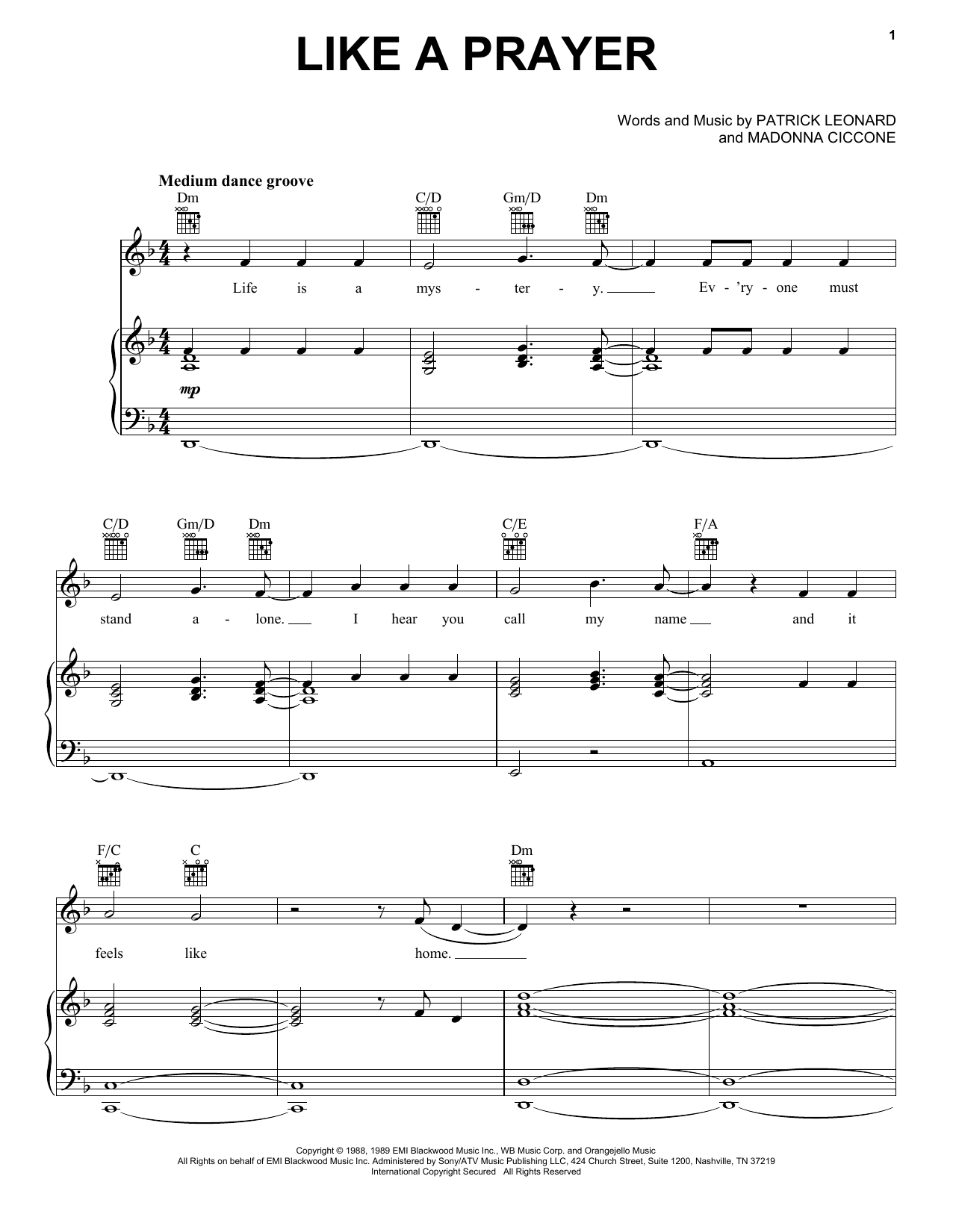Madonna Like A Prayer sheet music notes and chords. Download Printable PDF.