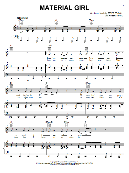 Madonna Material Girl Sheet Music Notes & Chords for Piano, Vocal & Guitar (Right-Hand Melody) - Download or Print PDF